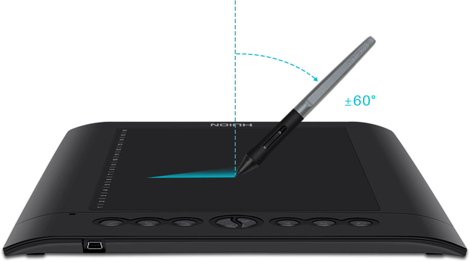 A digital pen on a drawing tablet, with illustration showing a 60-degree angle from vertical line